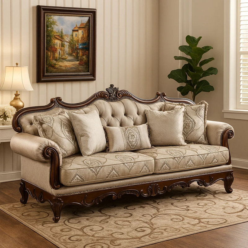 Vera 90 Inch Sofa, Button Tufted, Rolled Arms, Solid Wood, Beige