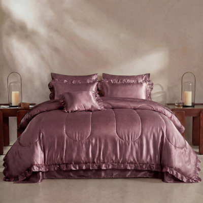 Ensemble d'édredon en satin avec ensemble de draps pour lit très grand 8 pièces Silk Like Blush Rose Satin
