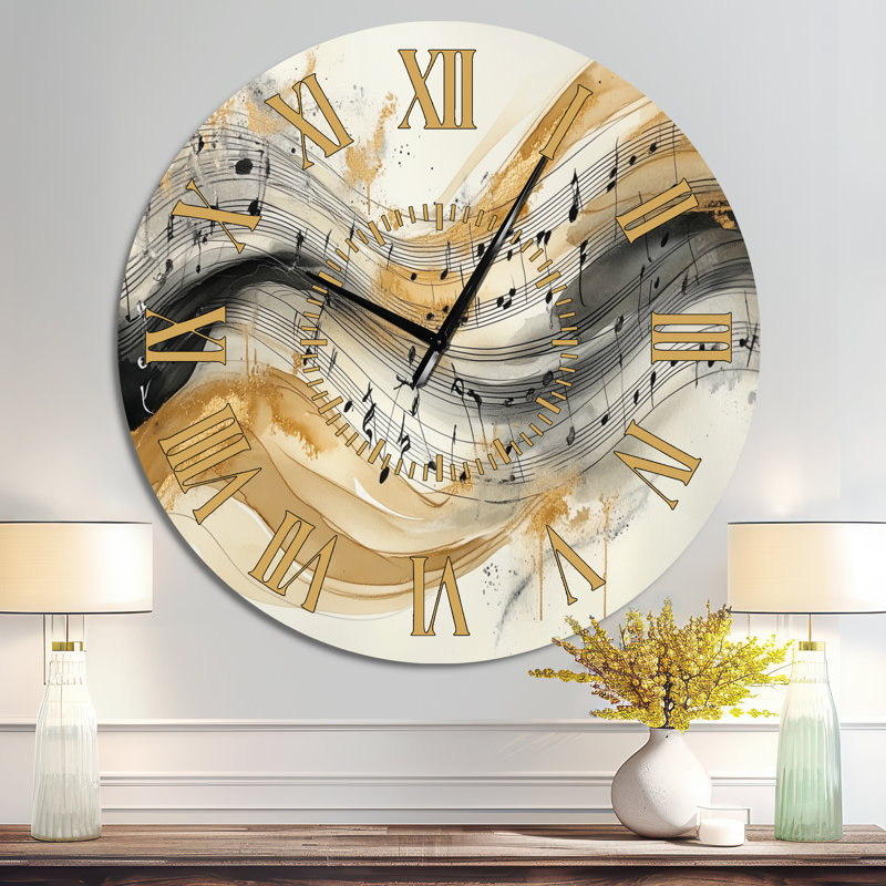 Notes sur un bâton fluide - Horloge murale silencieuse en métal beige rétro, Surdimensionné