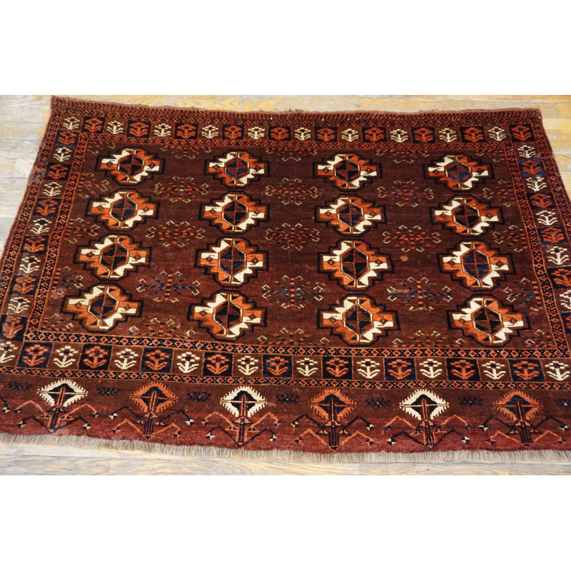 Antique Central Asian Turkmen Allover Tribal Geometric Hand Knotted Wool Rug