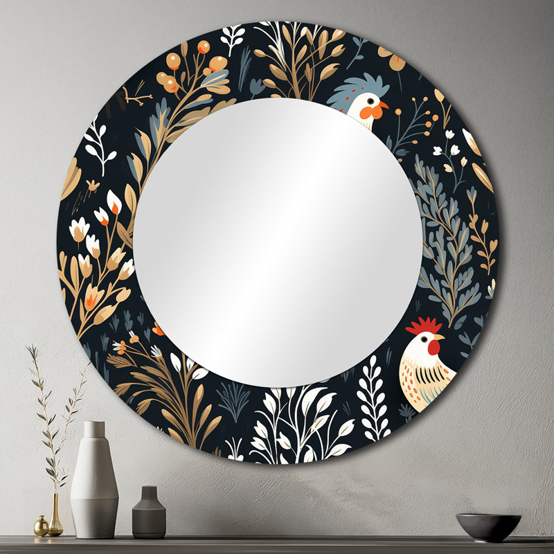 Country Charm Red  Rooster Pattern - marble  Decorative Mirror, Casual Wall Mirror, Printed Metal Art, 36" x 36", Round
