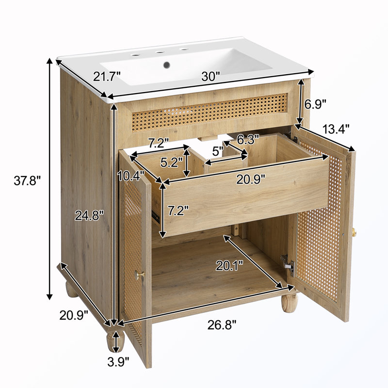 Meuble-lavabo avec portes en rotin et lavabo en résine