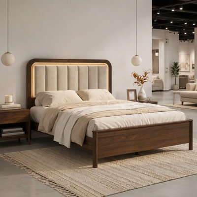 Queen Size Bed 1pc Walnut Solid wood Polyester Upholstered HB Panel Bed w LED Warm Light Bedroom