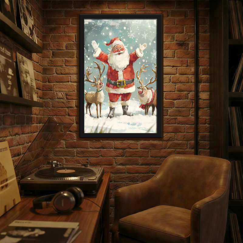 Père Noël avec des rennes dans une scène enneigée, H 18 po x l 12 po