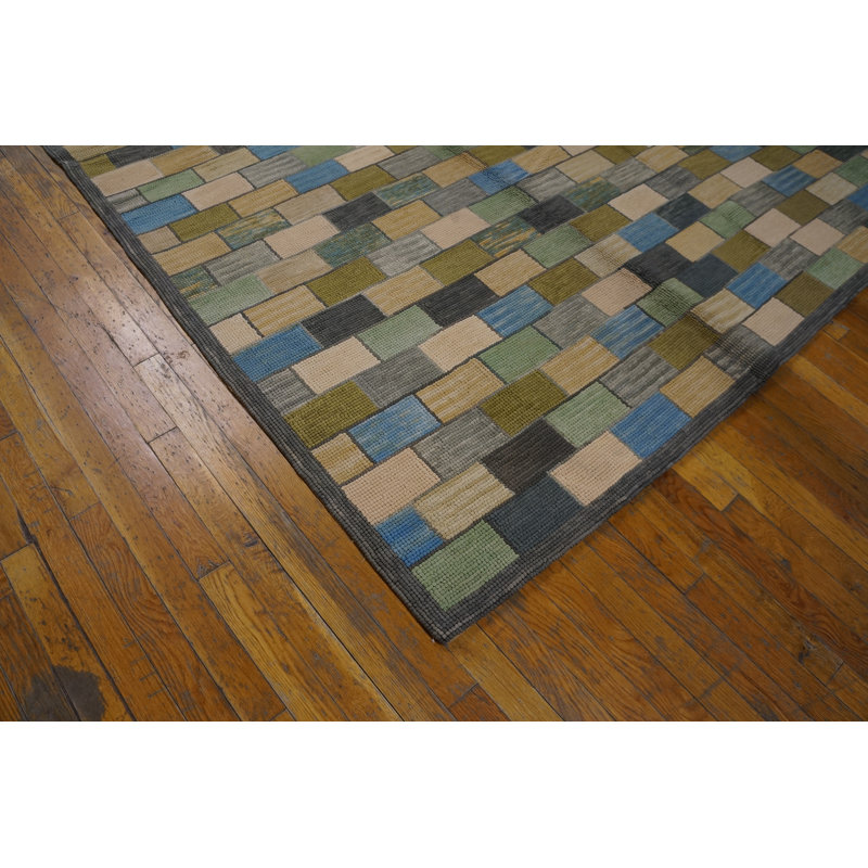 Tapis jaune / bleu / vert en laine noué à la main de conception unique 8 pi x 10 pi