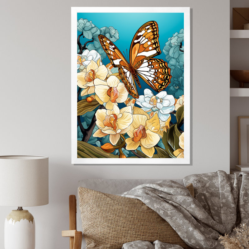 Gracieux papillon brun sur des orchidées rétro, H 40 po x l 30 po x P 1,5 po, Cadre simple blanc