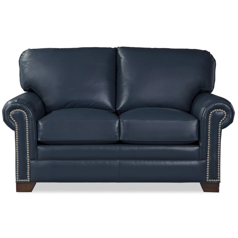 Copola 63" Genuine Leather Rolled Arm Loveseat, Dark Blue Genuine Leather