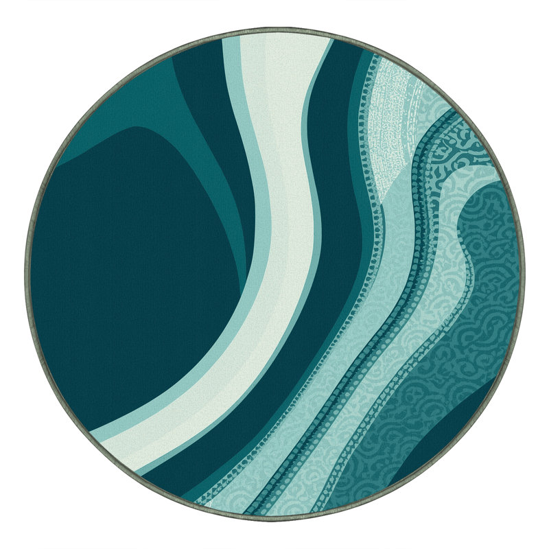 Tapis bleu abstrait lavable à la machine Panameno - Reliure vert sauge, Rond 4 pi