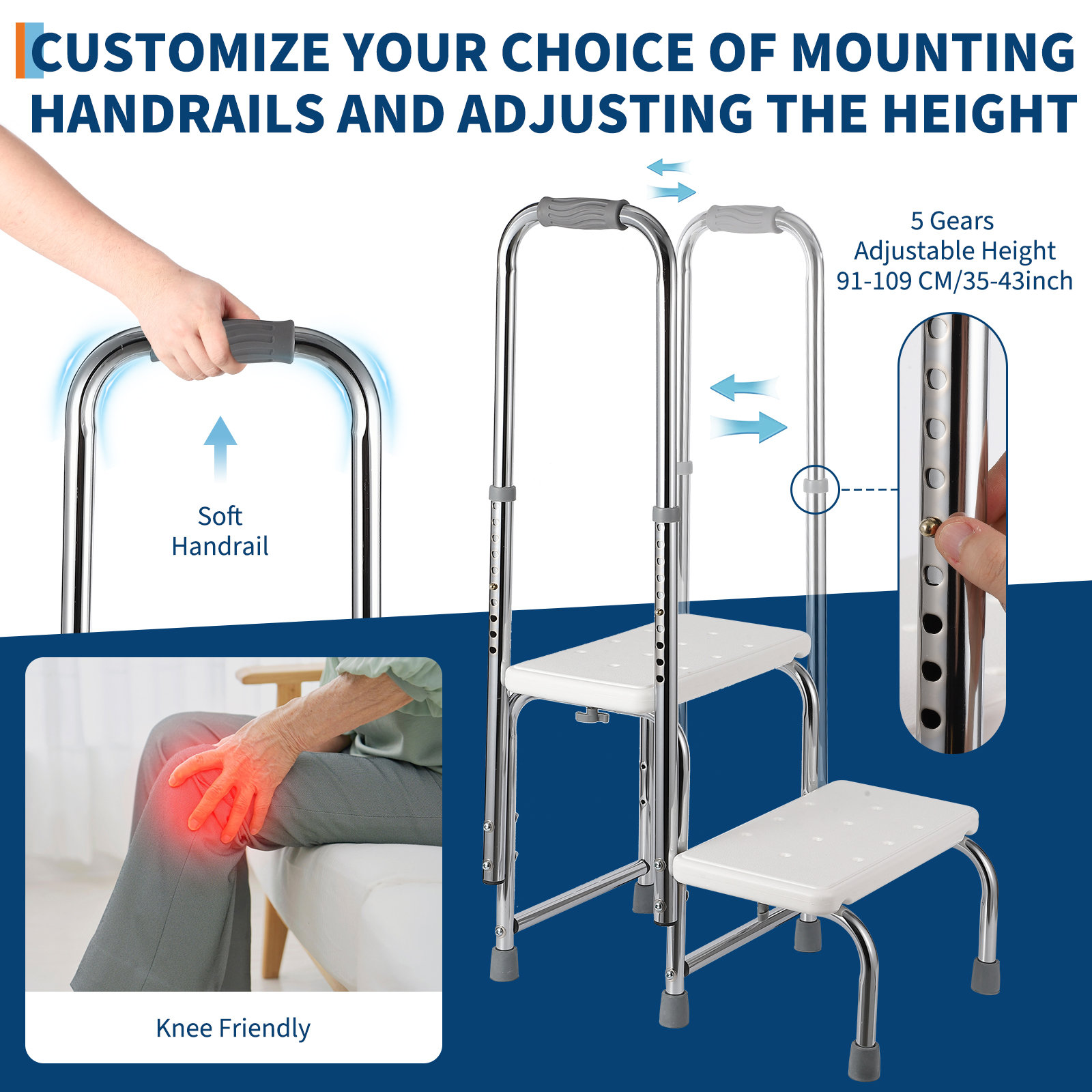 Step Stool with Handle and Non Skid Rubber Platform, Lightweight and Sturdy Stool for Seniors, Adults and Children, Adjustable Height Handrail