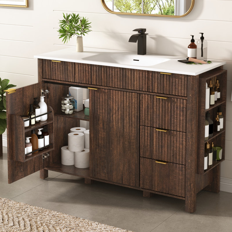 Meuble-lavabo cannelé de 122 cm avec lavabo et robinet, Brun