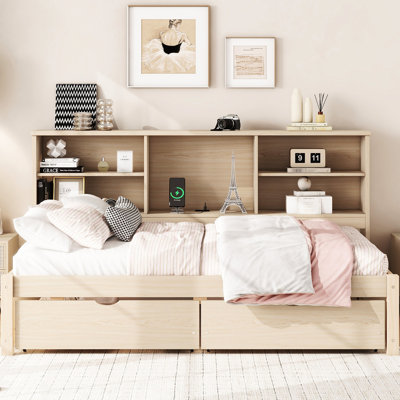 Modern Twin Size Bed With Sideboard, Port, Natural Colour Finish Frame Side Bookcase, 2 Drawers, Charging,