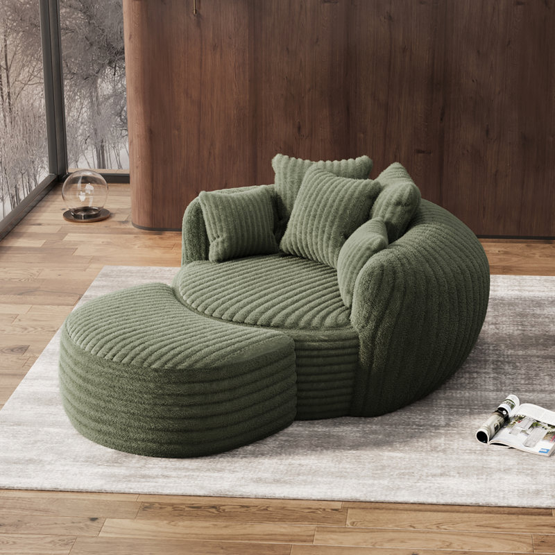Très grand fauteuil d'appoint rond en velours côtelé de 3 cm avec repose-pieds, Vert
