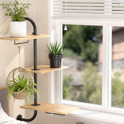 3-Tier Rotating Plant Shelf Stand For Windows, Indoor Wall Mounted Plant Holder With Hangers, Foldable Metal And Wood Multi-Tier Plant Shelves For Indoor Gardening