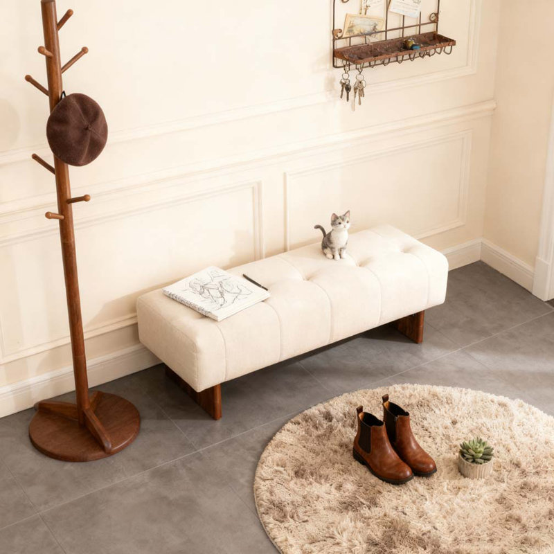 Rectangular Upholstered Tufted Linen Fabric Ottoman Bench