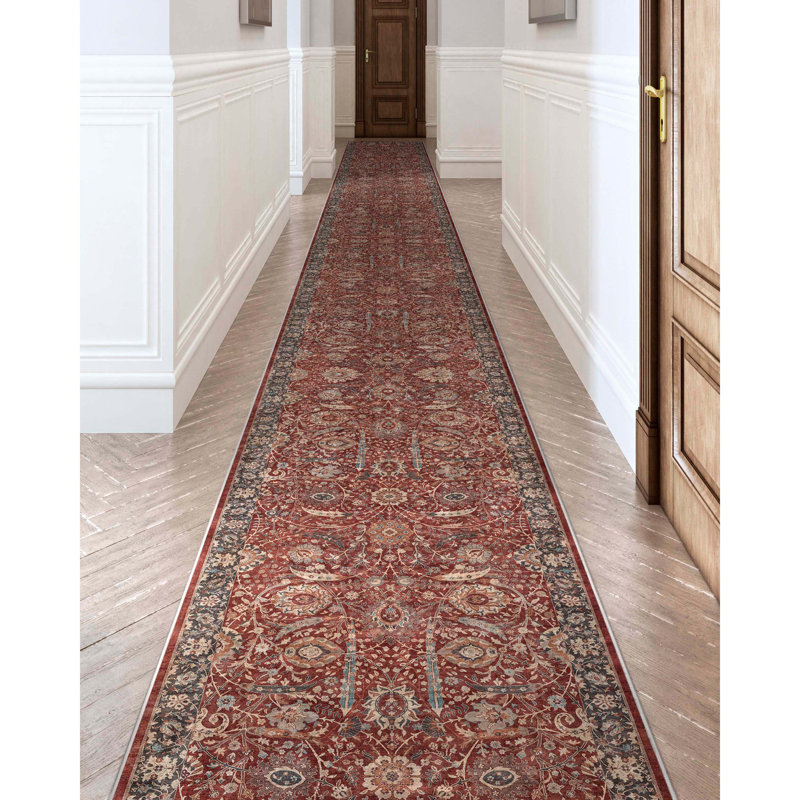 Tapis oriental rouge tissé à la machine, Tapis de couloir 2 pi 7 po x 24 pi 9 po