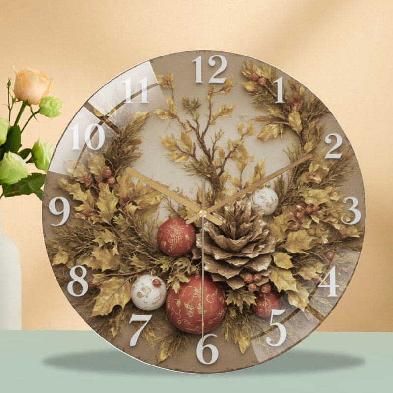Horloge-Face-Or-Pomme de pin-Ornements - Horloge murale moderne en verre 12 po