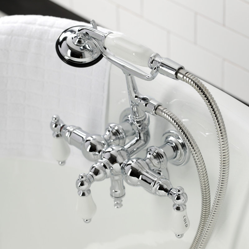Kingston Brass Vintage Three-Handle 2-Hole Tub Wall Mount Clawfoot Tub Faucet with Hand Shower, Polished Chrome