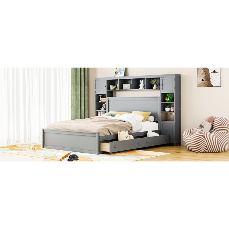 Grand lit gris avec armoire intégrée, tablette et prises électriques Combinaisons de prises élégantes -, Gris, Grand lit