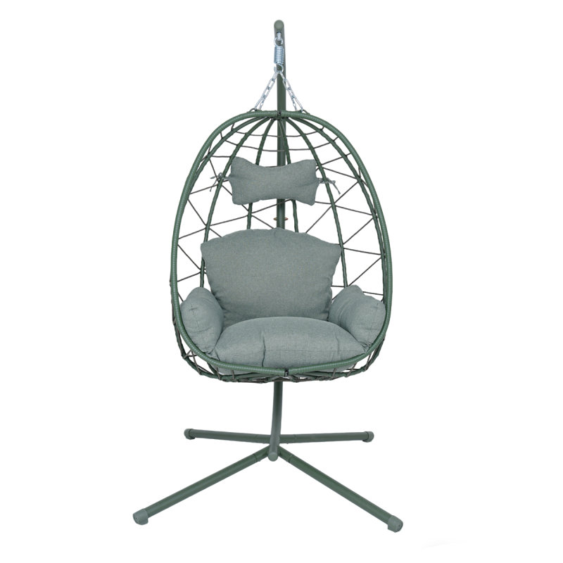 Fauteuil suspendu suspendu en osier avec support et coussin lavable pour patio, Green, Grey
