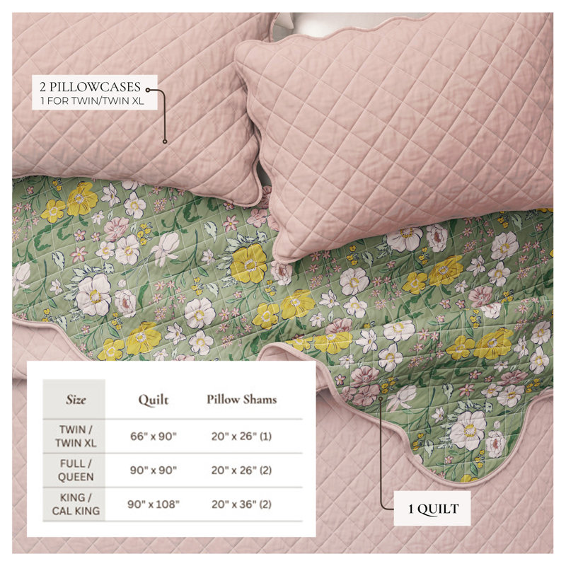 Reversible Floral Print Scallopeded Edge Cotton Quilt Set, Twin/Twin XL Quilt + 1 Sham