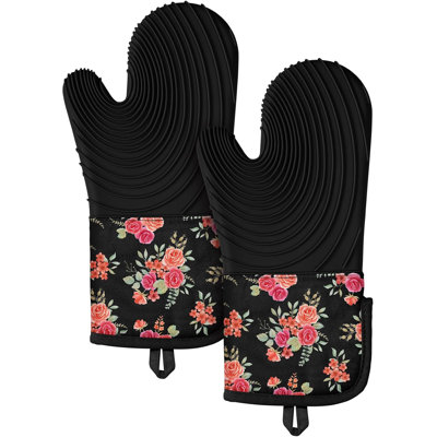 2 Pcs Rose Long Silicone Oven Mitts
