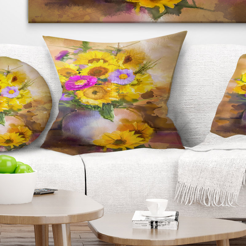 Tournesol jaune et fleurs d'aster violet - coussin à imprimé floral, 18 po x 18 po, Coussin décoratif