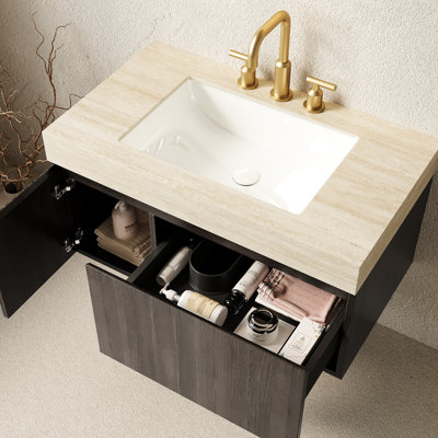 Meuble-lavabo de 36 po avec lavabo, armoire en contreplaqué flottant, plateau en pierre frittée, lavabo en céramique, 3 trous pré-percés, assemblé, comptoir de rangement pour le feu et le rangement, finition du robinet, roulement de charge de 300 lb