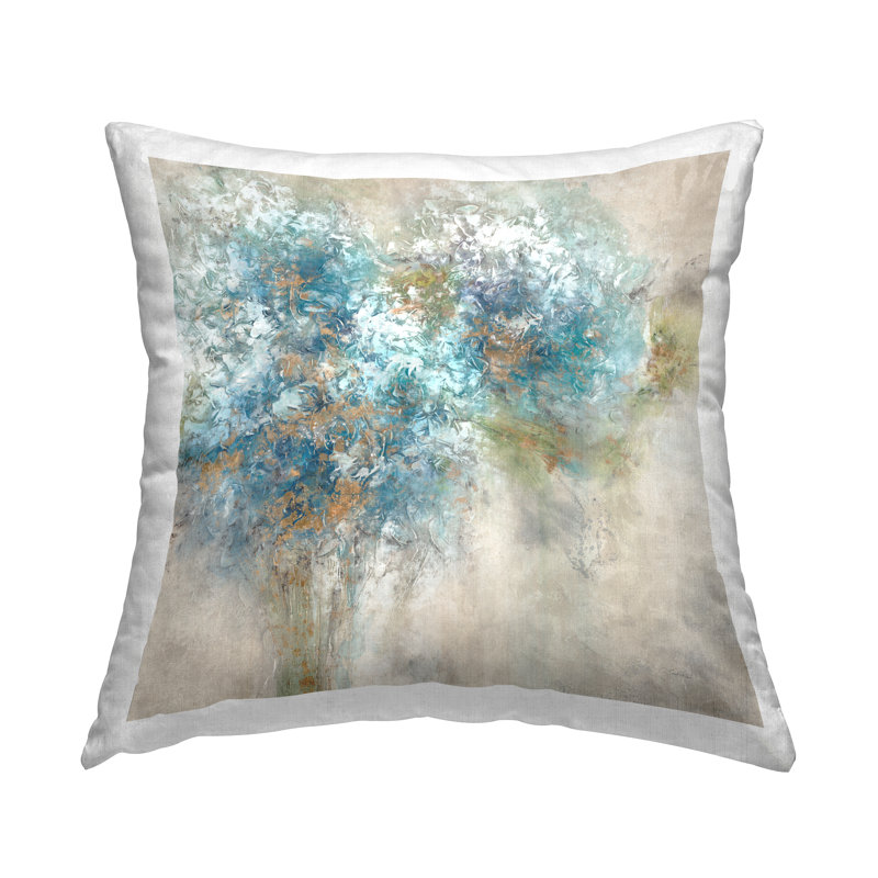 Coussin décoratif abstrait à motif de bouquets d'hortensias bleus abstraits par Leah Rei