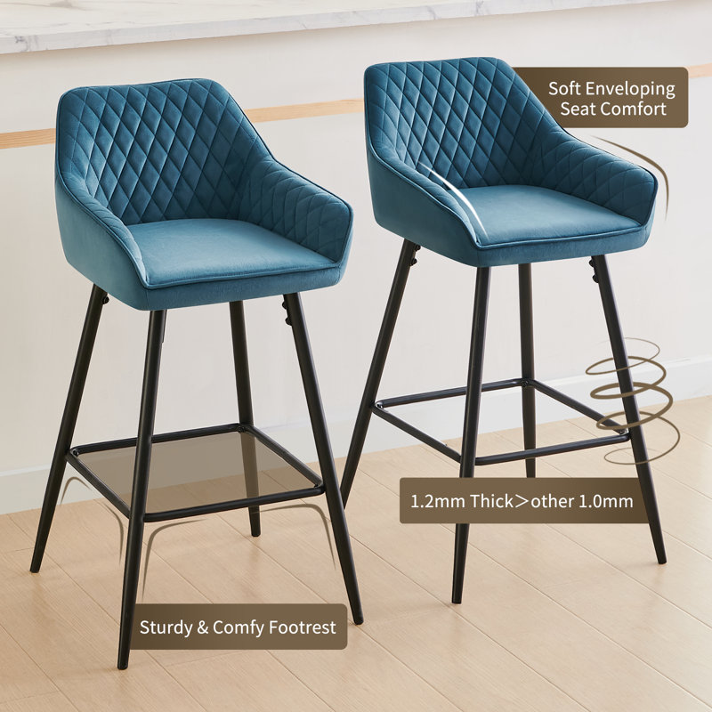 Saarrah 68cm Upholstered Bar Stool with Arms, Teal Velvet, 2