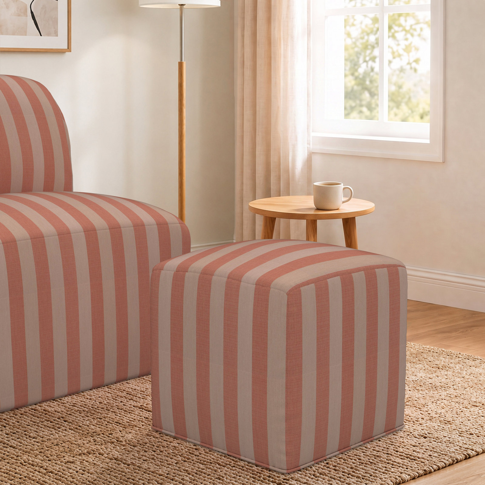 Praia Sunbrella® Patio Ottoman, Expressive Blush Striped Sunbrella®, 18" H x 18" W x 18" D