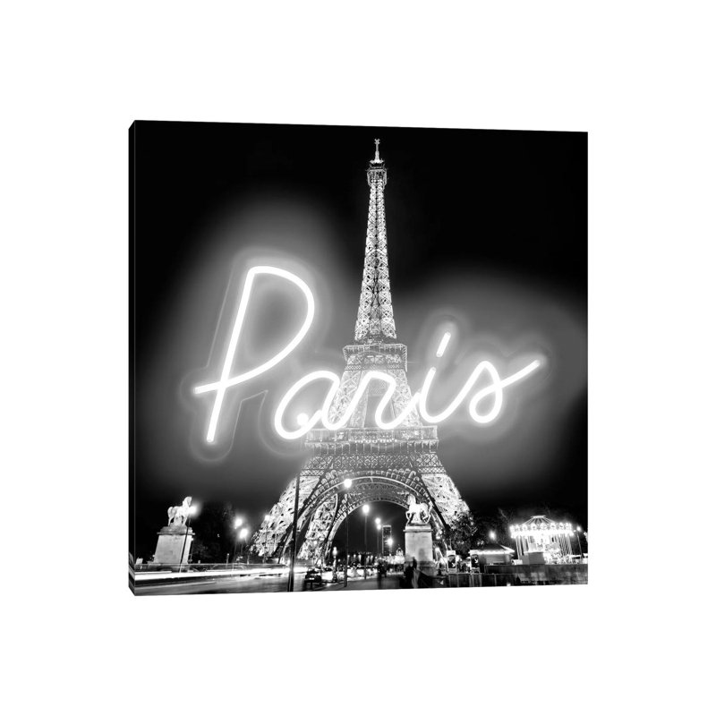 Neon Paris White on Black 1 Piece Wrapped Canvas Wall Art, 30.48 cm H x 30.48 cm W