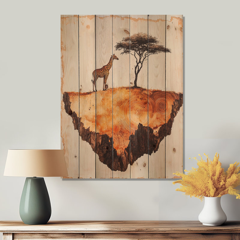 Girafe silencieuse dans un paysage africain I - Décoration murale en bois de girafe sur bois de pin naturel