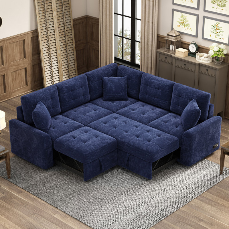 Canapé-lit escamotable en forme de L 82,6 po avec roulettes, Velours bleu marine