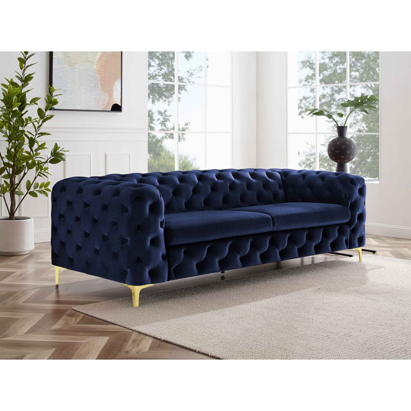 Ghaleb 237Cm Velvet Square Arms Sofa, Gold, Dark Blue Velvet