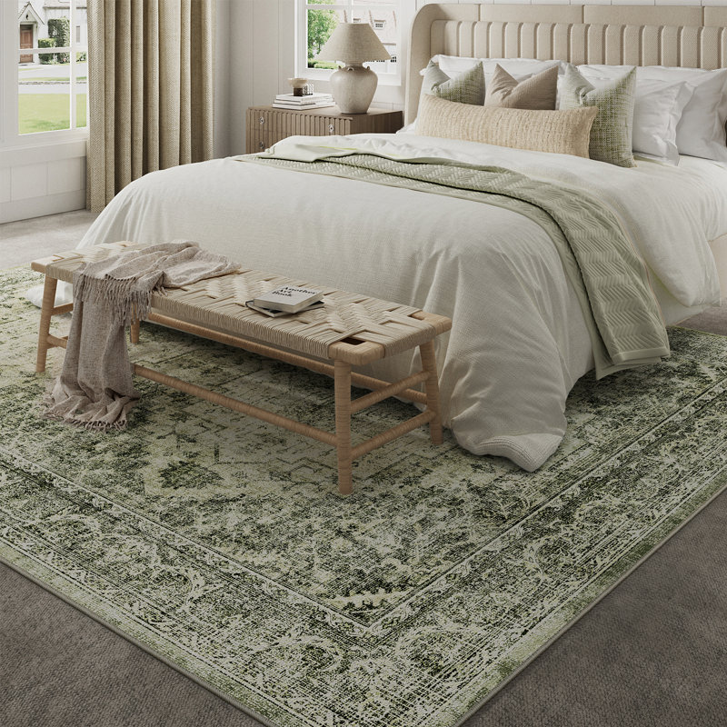 Tapis vintage lavable à la machine avec envers antidérapant Elaine, Rectangulaire 8 pi x 10 pi, Vert, 0.28"