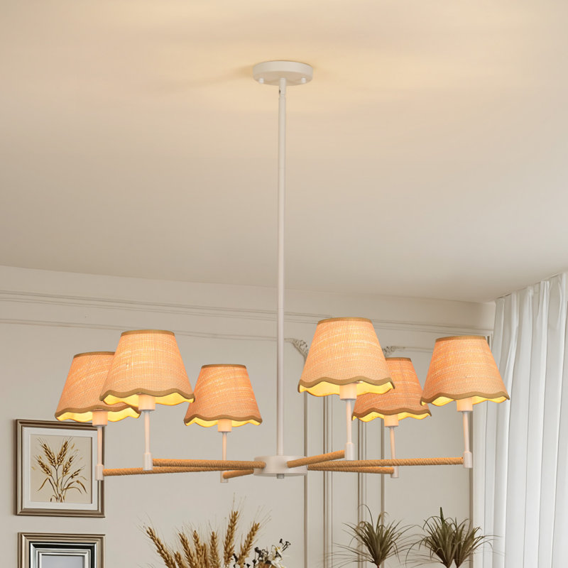 Lustre à intensité variable Boho Aarzo à 6 lumières avec abat-jour en rotin, hauteur réglable, pour salle à manger et salon (ensemble de 2)