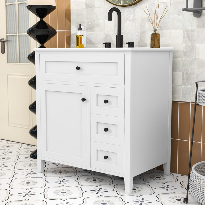 Meuble-lavabo 30 po avec lavabo, tablette et tiroirs en céramique, White