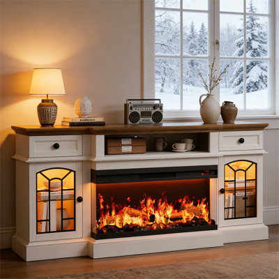 70" Farmhouse Fireplace Tv Stand For Tvs Up To 80", Entertainment Center With 36" 3-side Glass Electric Fireplace With Open Shelf And Cabinet, Tv Cons by August Grove