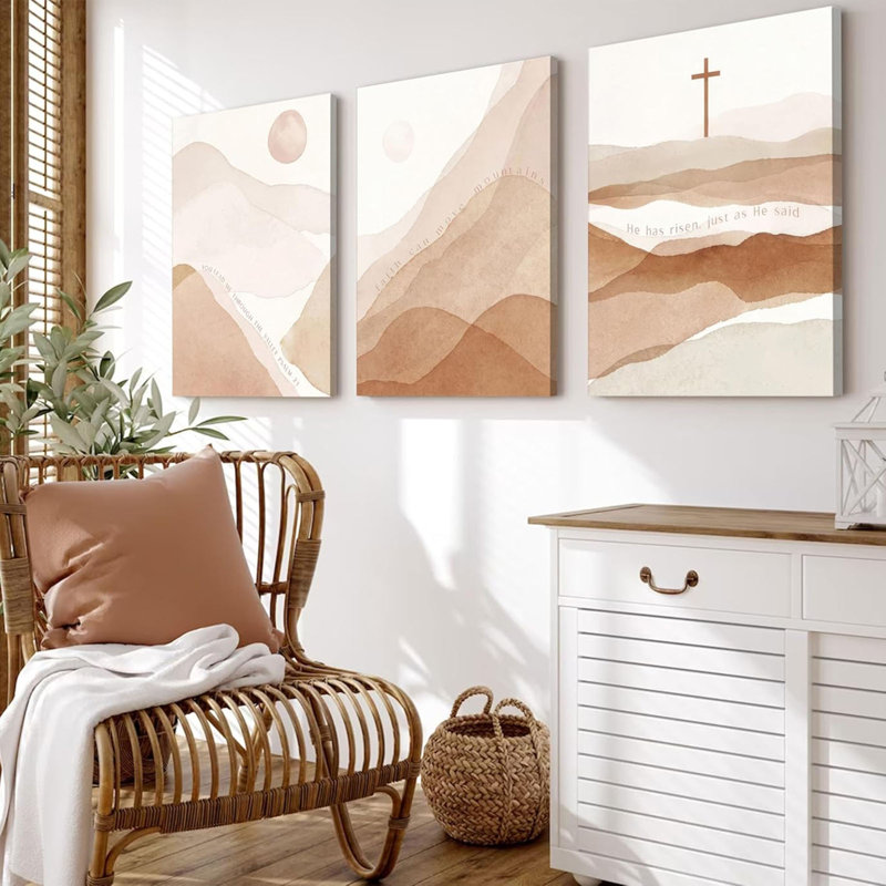 3Pcs Framed Christian Boho Wall Art for Living Room Mid-Century Modern Nordic Print Neutral Scripture Canvas Poster Abstract Sun Mountain Bible Verses Picture Painting Wall Decor for Bedroom 16x24in
