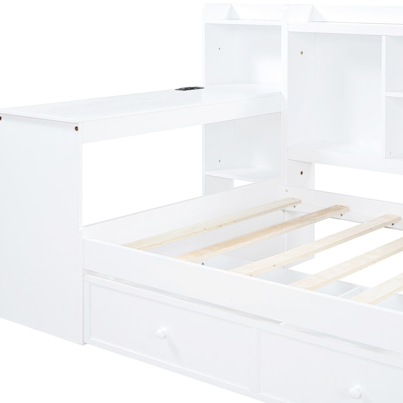 Lit de jour simple blanc avec rangement de tiroir spacieux et ports de bureau pour une efficacité de taille 3 tiroirs, Blanc