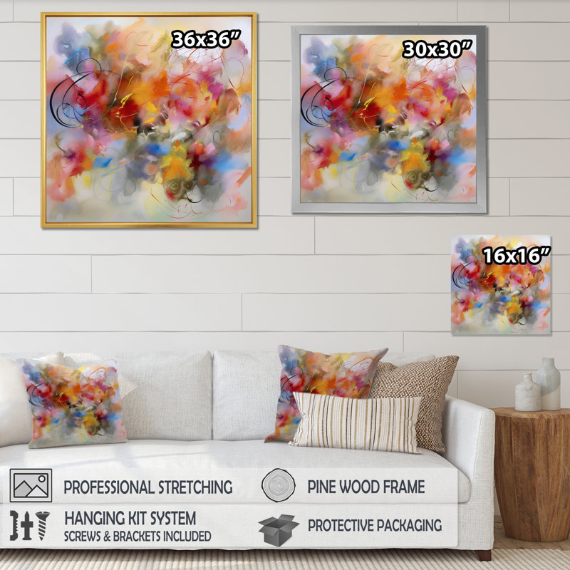 Tourbillons colorés bleus, jaunes et oranges II, Cadre flottant noir, H 16 po x l 32 po x P 1 po