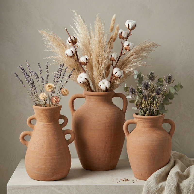 Ensemble de 3 vases décoratifs décoratifs de style rustique texturé - brun, Brun, Ensemble de 3