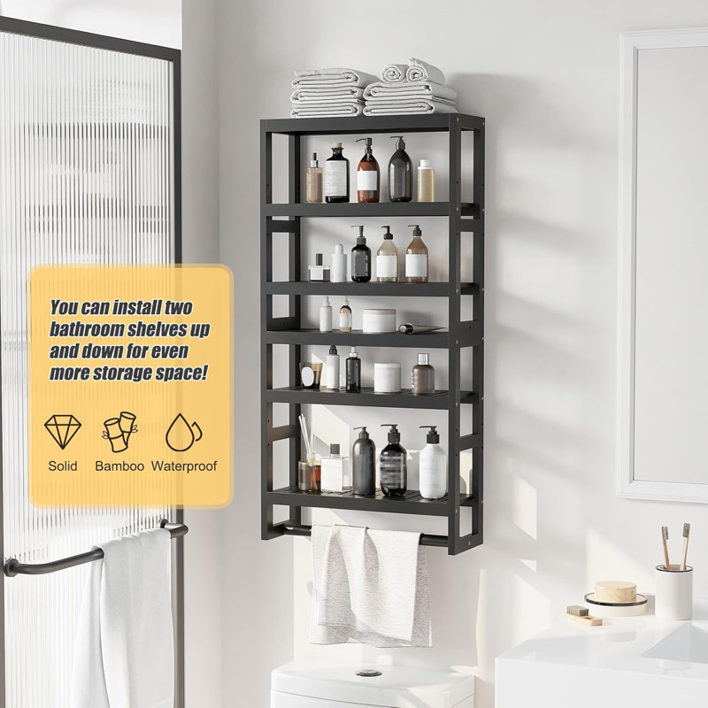 Adjustable Over Toilet Bathroom Shelf With Hanging Bar - Sturdy Bamboo Wall Mounted Storage Organizer For Bathroom, Kitchen, Bedroom