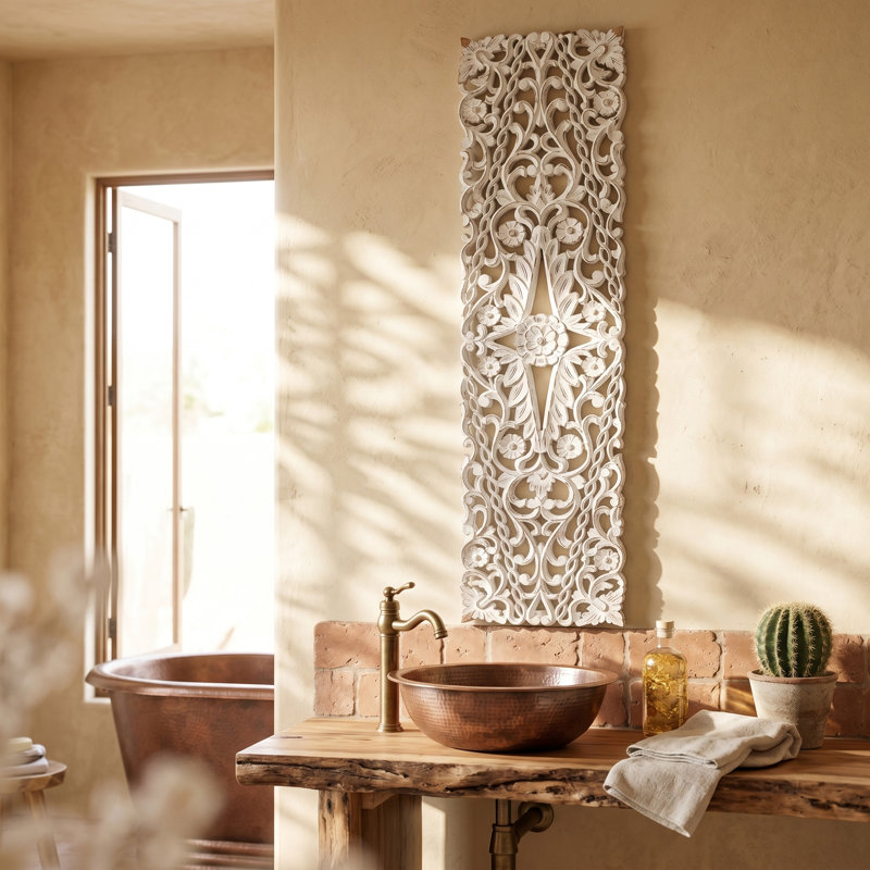60x16x1.5" Rustic White Floral Vine Carved Wall Panel