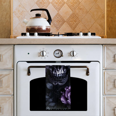  Serviette de cuisine en microfibre d'Halloween, linges à vaisselle réutilisables absorbants, décoratifs résistants à la décoloration, 16 po x 24 po, imprimé tête de mort noir mauve