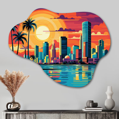 Pop Art Miami Cityscape I - Art mural asymétrique en métal, sculpture murale en métal