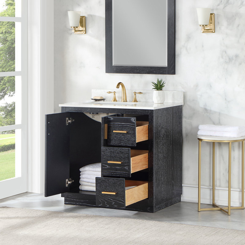 Gazsi 36" Single Bathroom Vanity Set with Grain White Engineered Stone Countertop without Mirror, Black Oak