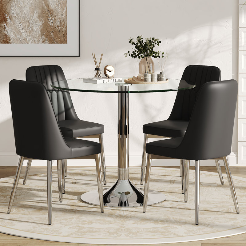 Modern Tempered Glass Round Dining Table Set With PU Leather Upholstered Dining Chairs, Black, 5 Pieces: Table, 4 Chairs