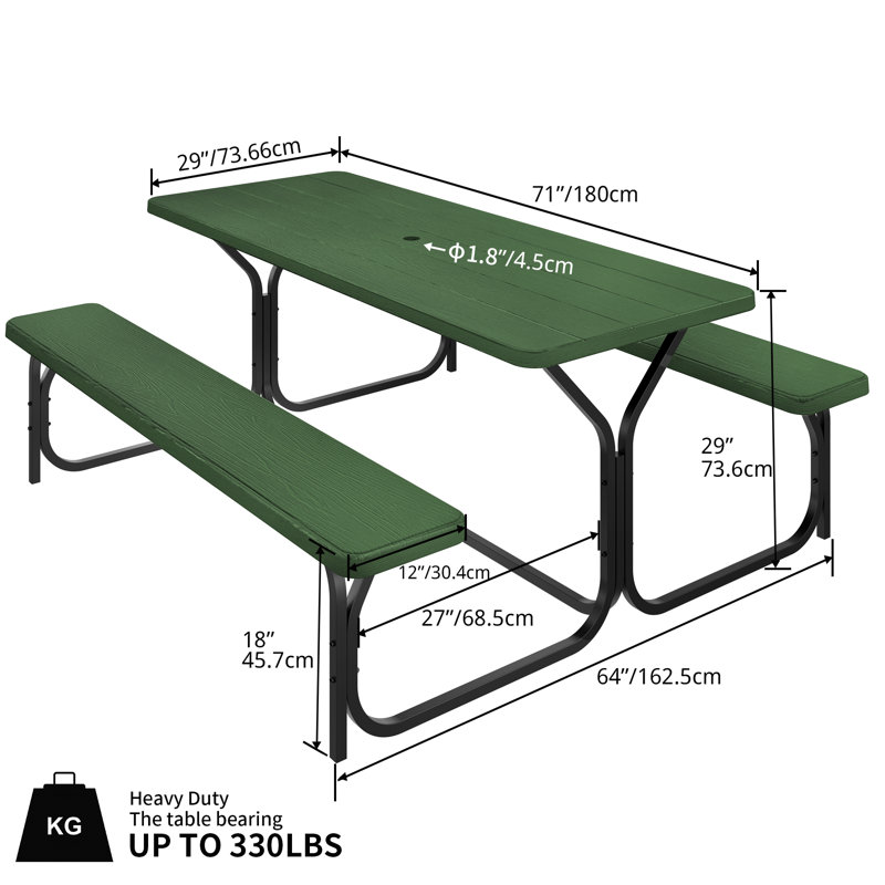 Table de pique-nique rectangulaire 71 po Bohall, Vert, Vert
