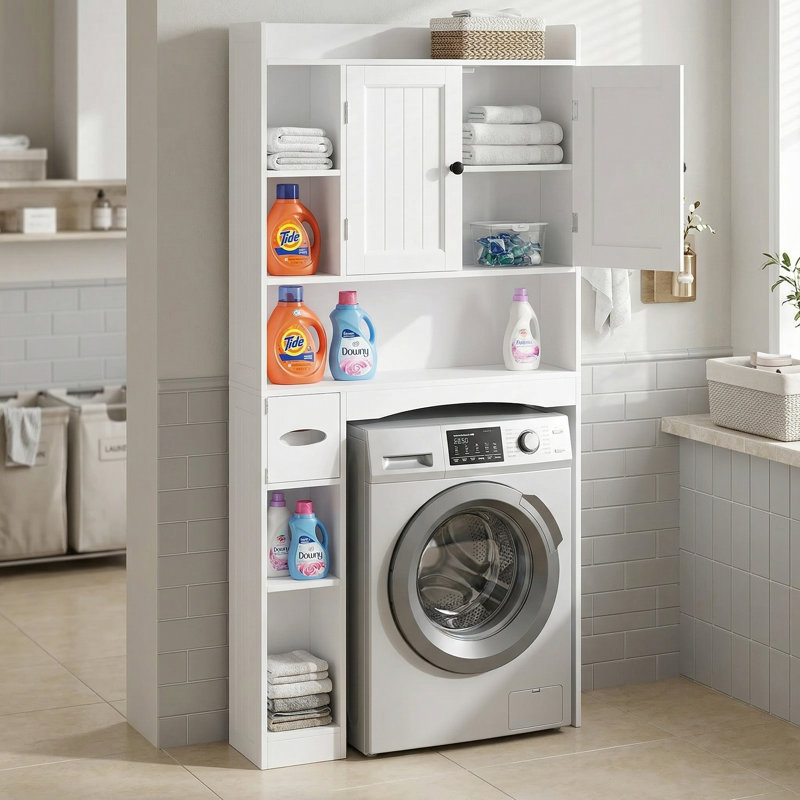 Support de rangement pour salle de bain peu encombrant, armoire de rangement murale blanche à 7 niveaux à double porte au-dessus de la toilette.